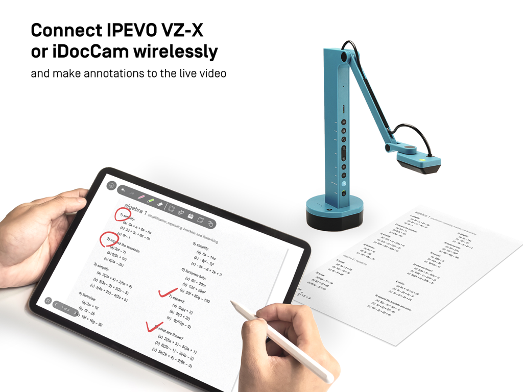IPEVO Whiteboard - IPEVO Whiteboard app on iPad showing live annotations over a document camera video feed