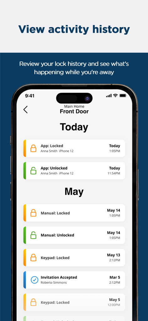 Écran de l'application Weiser montrant un journal d'activité chronologique des événements de verrouillage et de déverrouillage pour une porte d'entrée