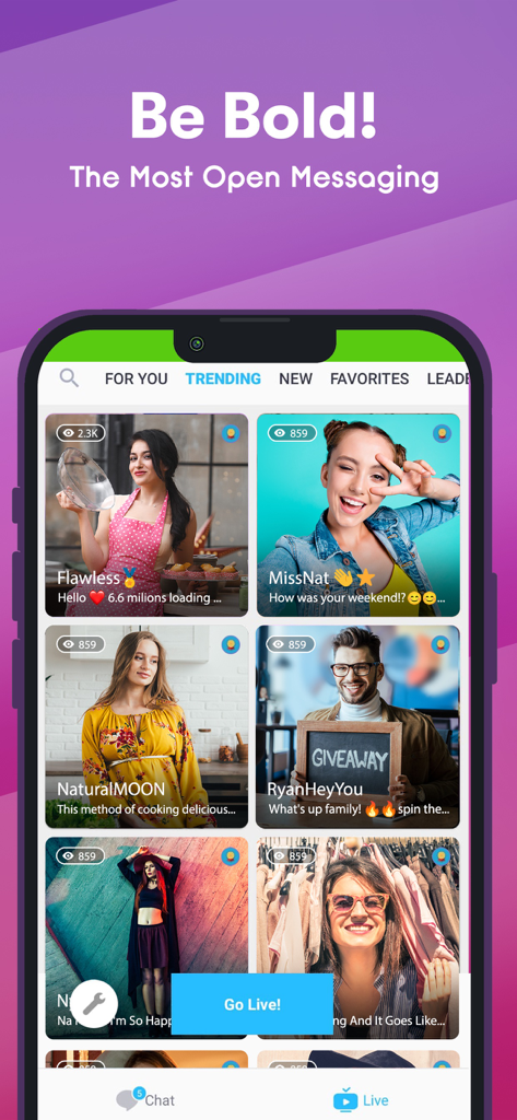 Pantalla de transmisión en vivo de tendencias de la aplicación Kik con perfiles de usuario y botón Ir en Vivo