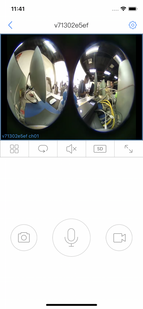 HiSee app interface showing a live fish-eye camera view of an office with control buttons