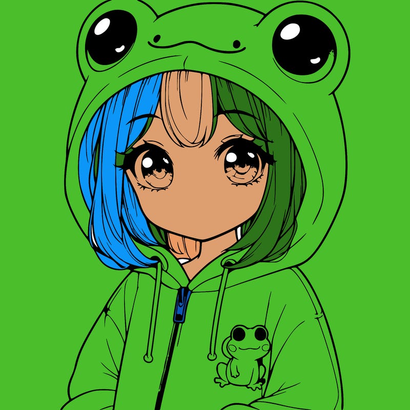cute realistic girl in a froggy hoodie