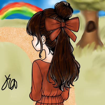 realistic girl  with hip length hair a bun and a big bow on the back of head