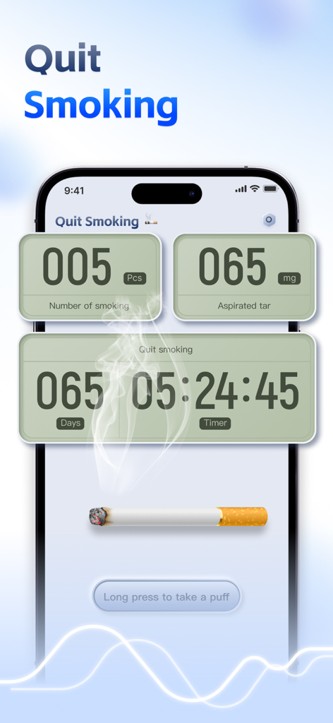 Interfaz de un rastreador para dejar de fumar que muestra los días sin fumar y el alquitrán evitado