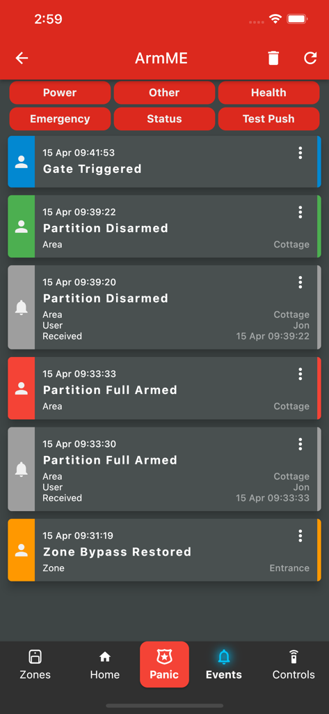 ArmME Security App - Journal d'événements de l'application de sécurité ArmME montrant l'activité du système et les mises à jour de statut