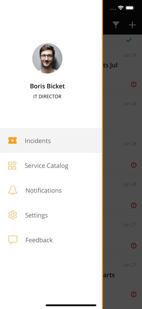 SolarWinds Service Deskアプリのサイドナビゲーションメニュー。ユーザープロフィールと、インシデントやサービスカタログなどのメニュー項目が表示されます。