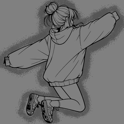 realistic girl jumping with a bun and oversized sweatshirt