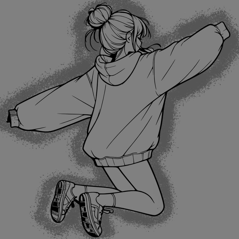 realistic girl jumping with a bun and oversized sweatshirt