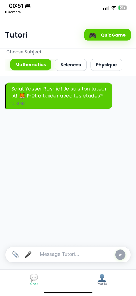 Tutori - Tutori app interface with subject categories and an AI tutor chat window for homework help