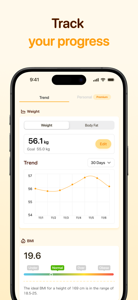 Calsee app weight trend graph and BMI indicator screen