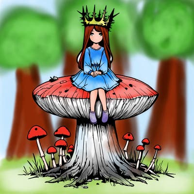 realistic girl sitting on a huge tree stump size toadstool with thorn crown