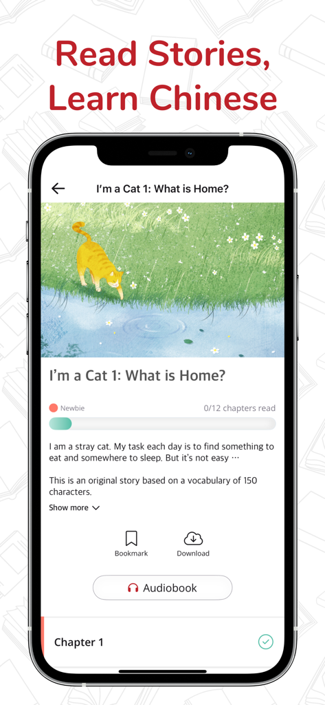 Smartphone screen showing a beginner level story in the Du Chinese app with audiobook and bookmark options