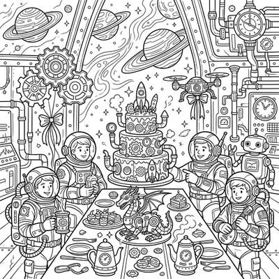 Prepare for an extraordinary celebration with this Steampunk Space Birthday coloring page, where astronauts gather for a party beyond the stars. Dive into a world of gears, rockets, and futuristic fun, perfect for all ages.