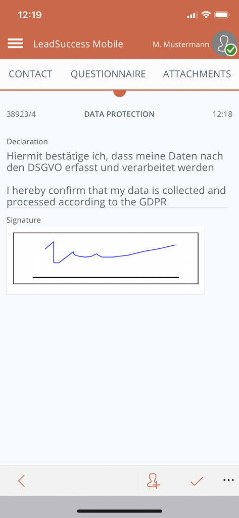 LeadSuccess - LeadSuccessモバイルアプリ内のGDPRデータ保護コンプライアンス用デジタル署名画面