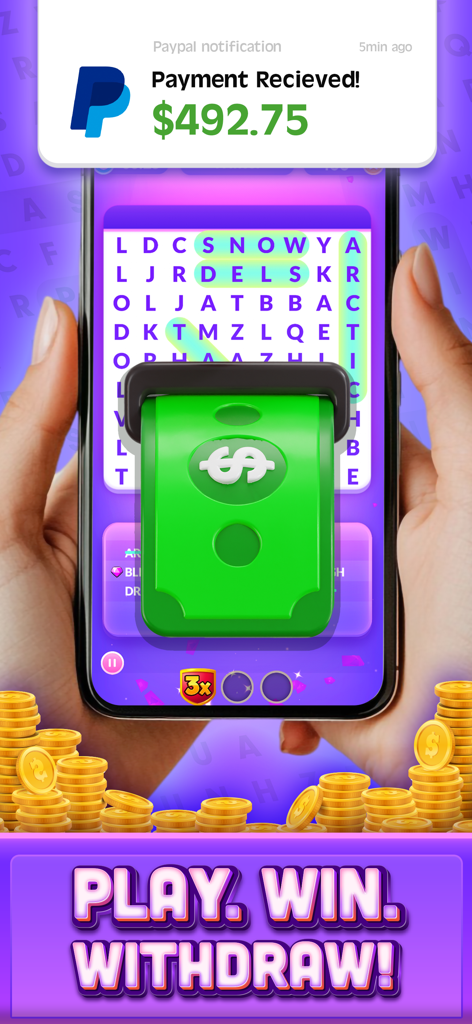Real Money Word Search Skillz - Un smartphone mostrando un juego de búsqueda de palabras con una notificación de PayPal para un pago de premio en efectivo y el texto Juega Gana Retira.