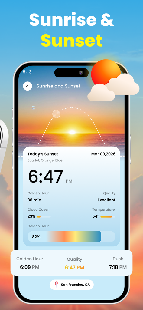 Thermometer: Room Temperature - Eine mobile App-Oberfläche mit Sonnenuntergangszeit, Goldene-Stunde-Dauer und Temperaturdaten für San Francisco.