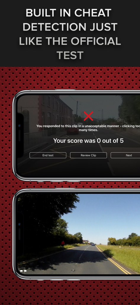 hazard perception test uk app screen showing official cheat detection and scoring system