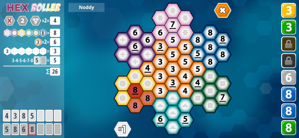HexRoller - HexRoller digital board game gameplay featuring a hexagonal grid with numbers