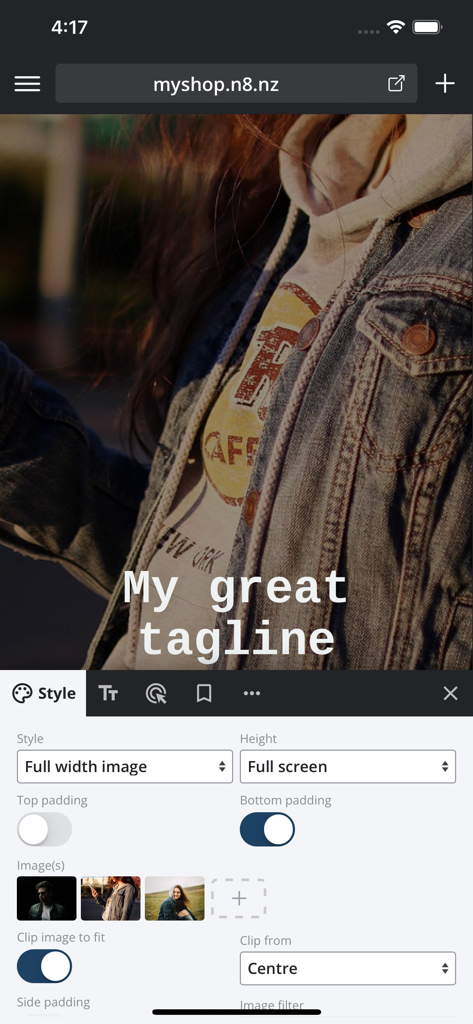 n8: Create. Sell. Refresh. - Oberfläche der n8 App mit Optionen zur Bearbeitung von Stil und Bildern für eine mobile Website
