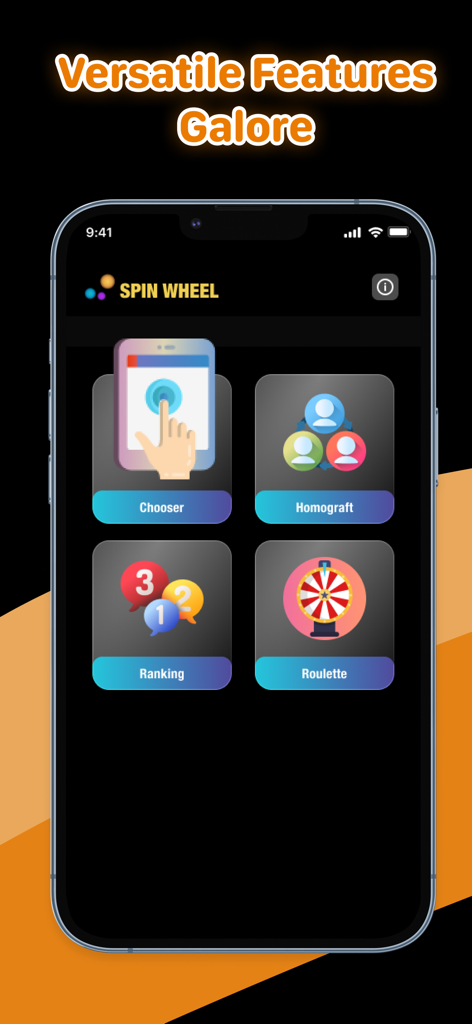 Spin The Wheel - Finger Picker - Spin The Wheel app main menu showing chooser homograft ranking and roulette decision features