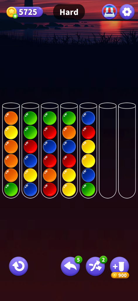 Color Ball Sort - Puzzle Games - Captura de pantalla del juego de un nivel difícil en Color Ball Sort mostrando varias bolas de colores dentro de tubos de cristal