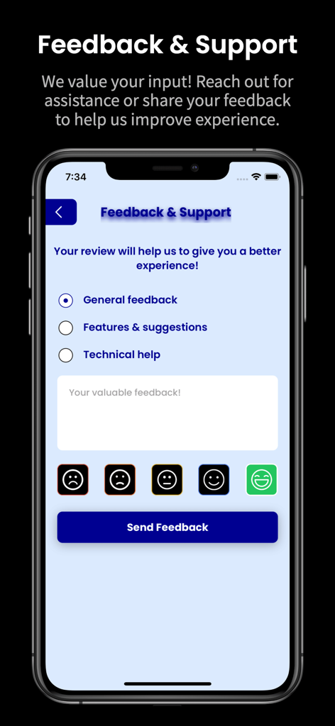 Feedback- und Support-Bildschirm der App Learn French Verb Forms mit Optionen für Vorschläge und technische Hilfe