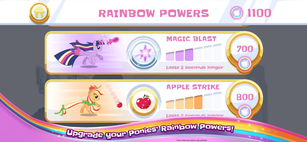My Little Pony Rainbow Runners - Schermata di potenziamento delle abilità dei personaggi di My Little Pony Rainbow Runners