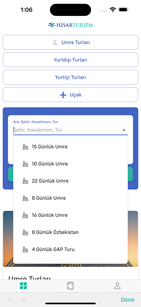 Hisar Turizm - Interface de l'application mobile Hisar Turizm affichant les options de sélection de circuits Omra et internationaux
