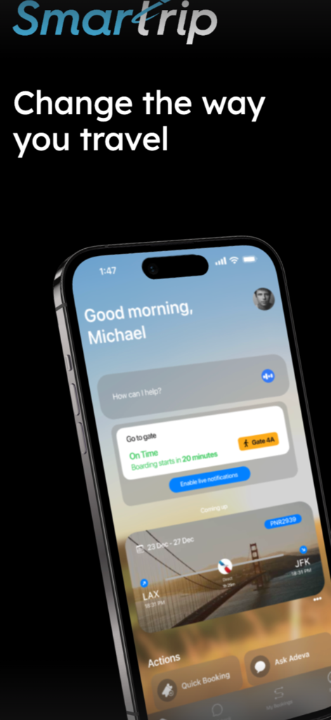 Smartrip AI - Smartrip AI Reiseassistent App-Oberfläche, die den Flugstatus und eine konversationelle KI-Aufforderung auf einem iPhone anzeigt