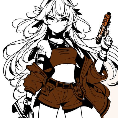 bad girl wearing crop top holding a gun long hair anime