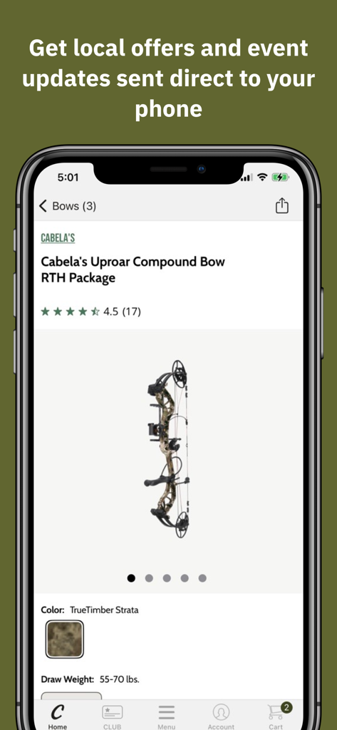 Cabela's app product page showing a compound bow with hunting gear details and local offers notification