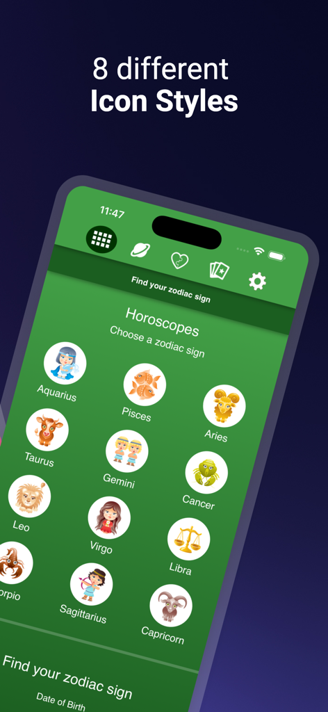 Horoscopes - A mobile screen showing 12 different zodiac sign icons in a cartoon style with the text 8 different Icon Styles