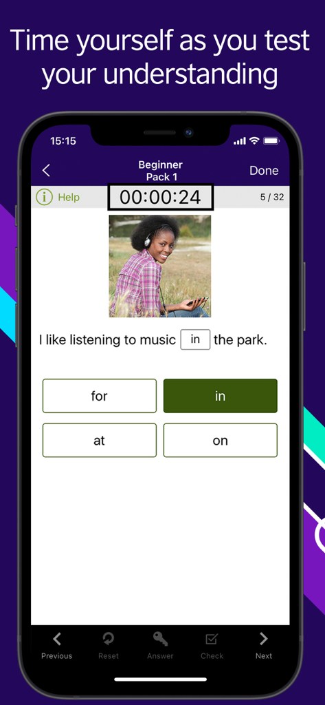 LearnEnglish Grammar (UK ed.) - LearnEnglish Grammarアプリの初心者レベルパックでの時間制限付き多肢選択式文法クイズ