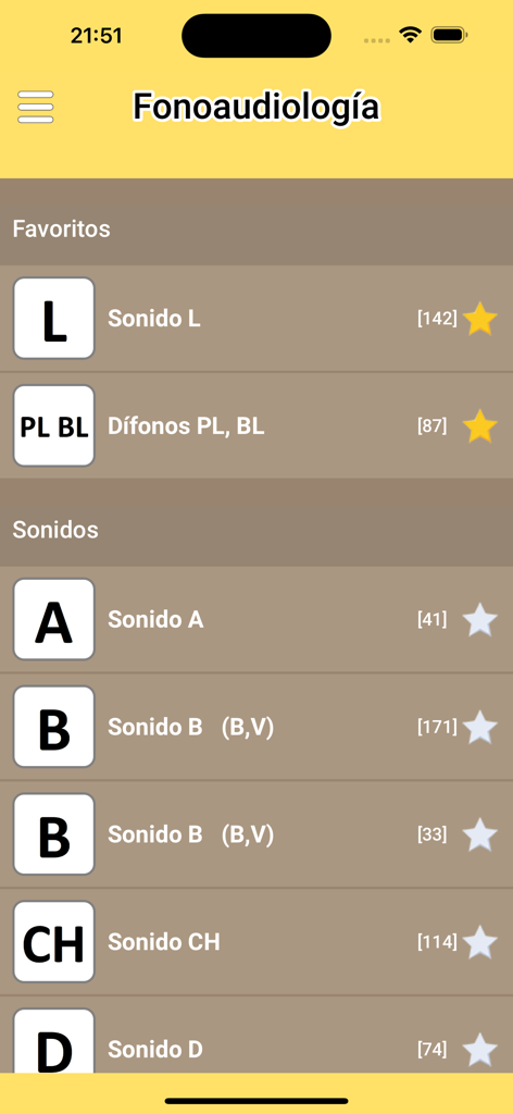 Fonoaudiología : ejercicios CL - A mobile screen showing a menu of Spanish phoneme sounds for speech therapy exercises including favorite categories and sound options for A B CH and D