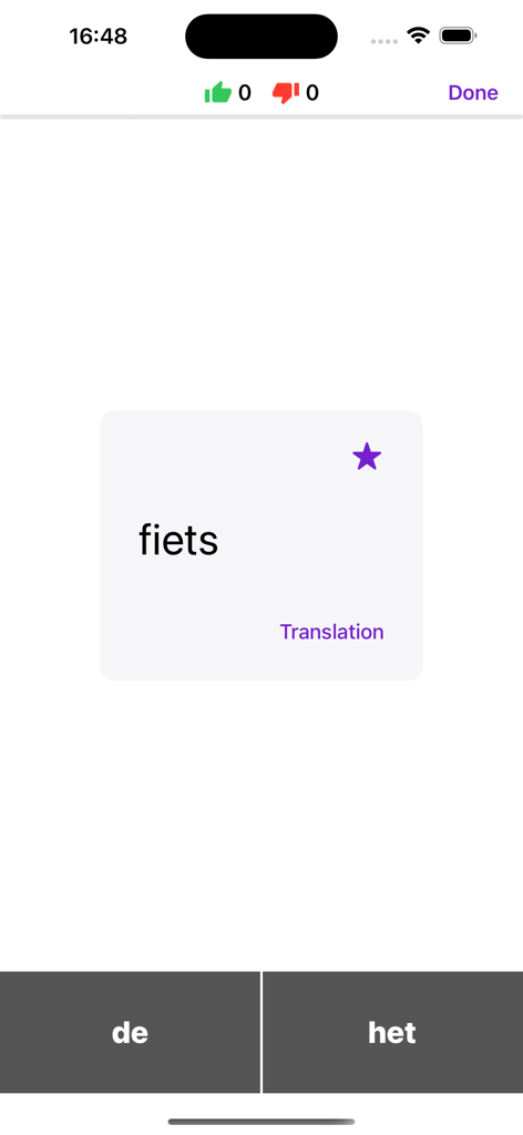 Un écran de quiz dans l'application De Het pour sélectionner l'article néerlandais correct pour le nom fiets.