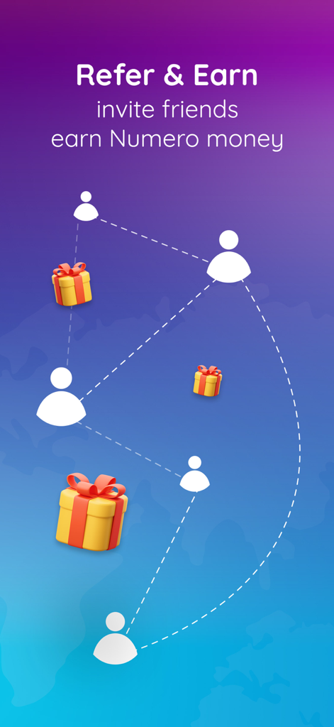 Numero eSIM: 2nd Phone Number - Pantalla de referir y ganar de Numero eSIM mostrando una red de amigos y recompensas de regalo por ganar dinero en Numero