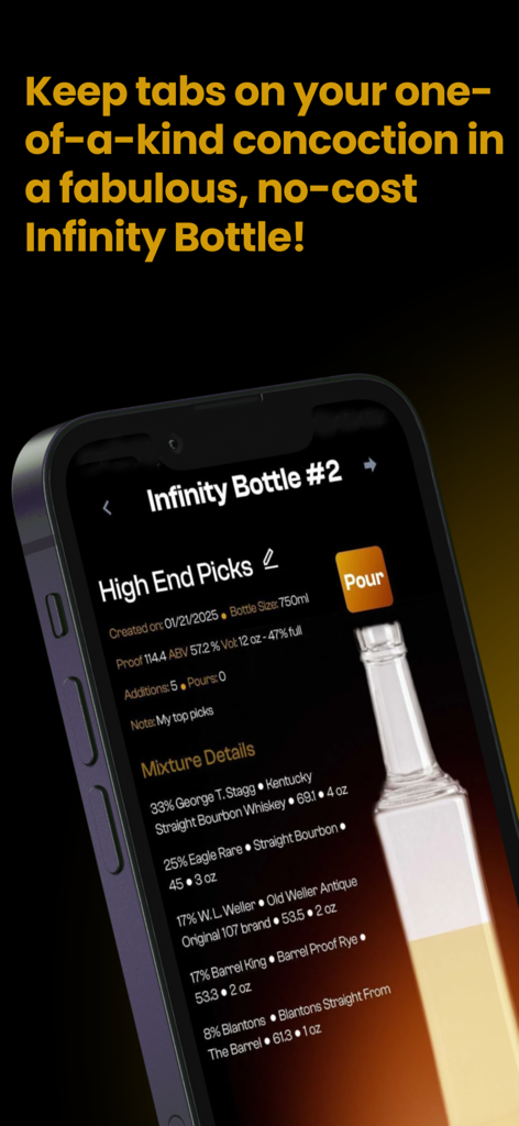 Interface of the Whiskey Shelf app showing a detailed list of spirits in a custom infinity bottle blend