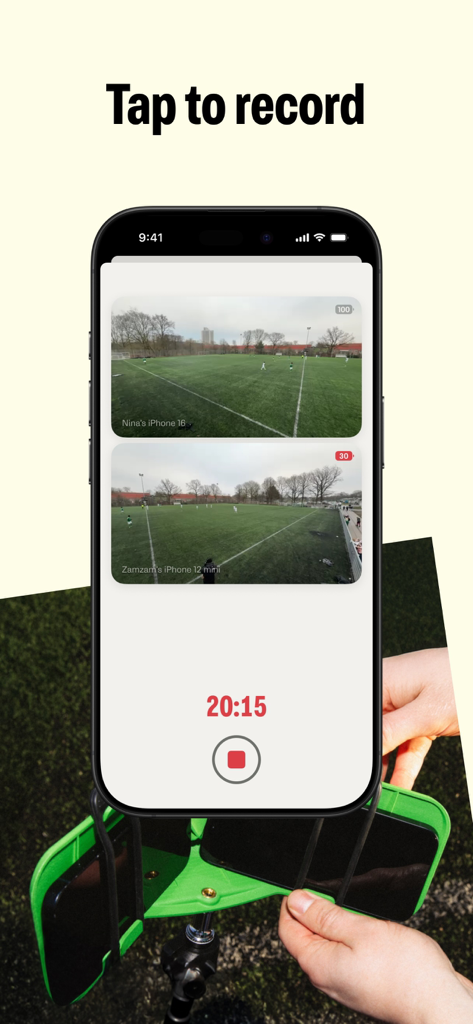 Veo Go app interface showing synchronized dual-camera recording of a soccer match from a tripod mount