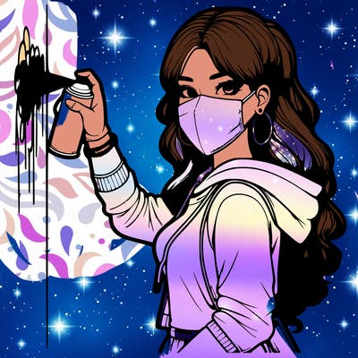 realistic girl with mask spray painting a wall