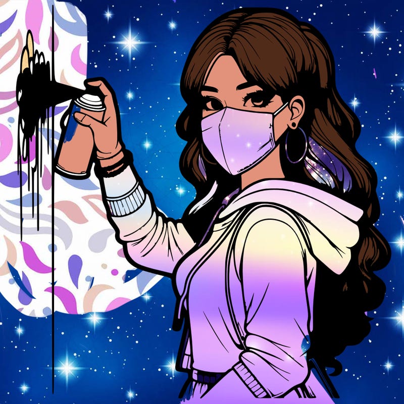 realistic girl with mask spray painting a wall