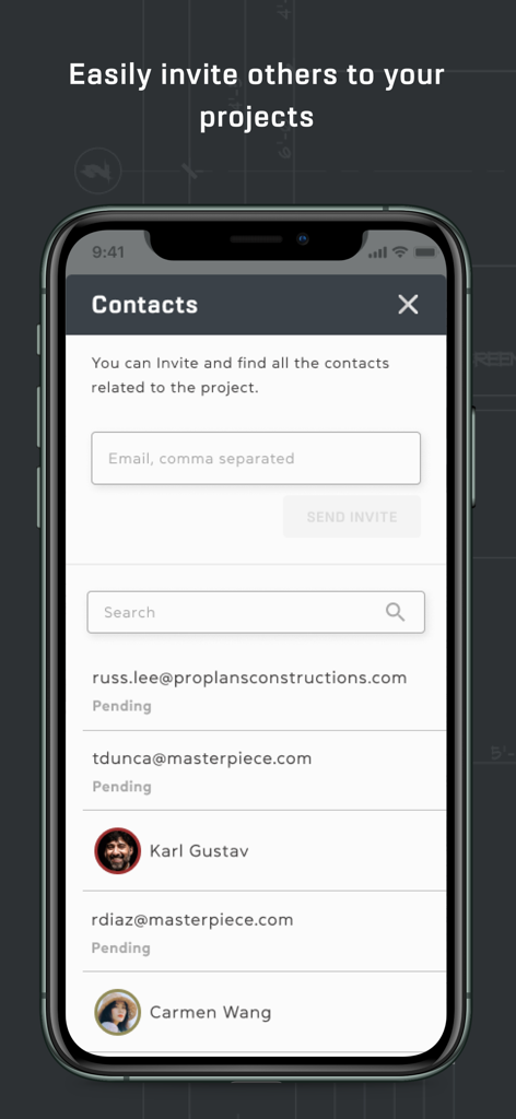 Interface of ProPlans construction app showing the contacts screen to invite team members to projects