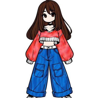 cute girl with straight hair in baggy jeans and a crop top and a sweater