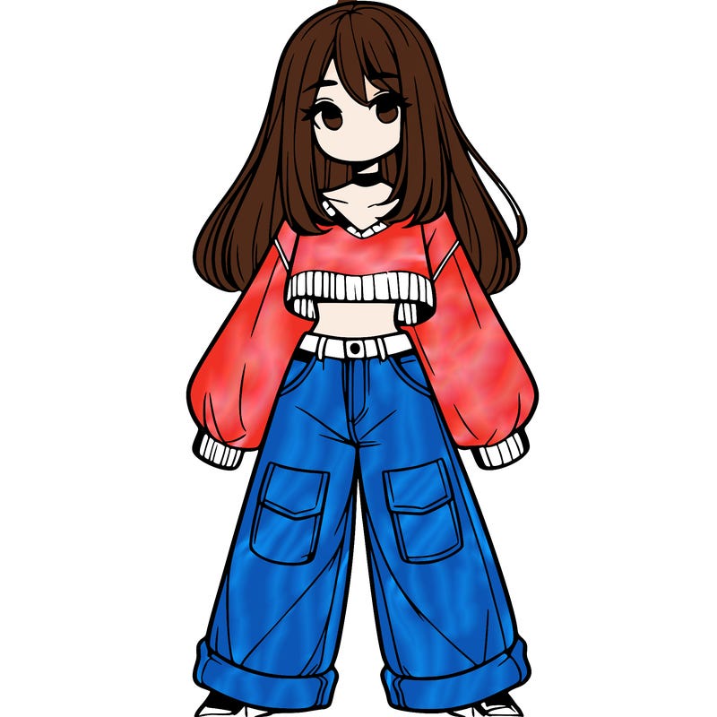 cute girl with straight hair in baggy jeans and a crop top and a sweater