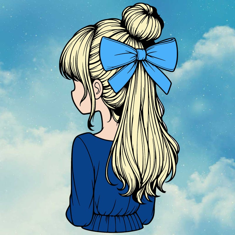 realistic girl  with hip length hair a bun and a big bow on the back of head
