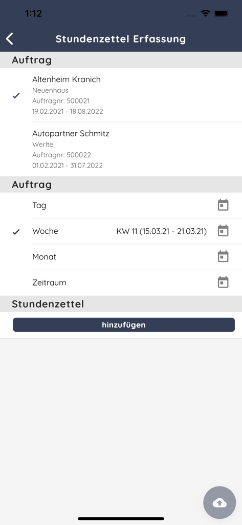zvoove Work - Mobile Benutzeroberfläche der zvoove Work App zur Erfassung von Arbeitszeitblättern und Auswahl von Aufgaben.