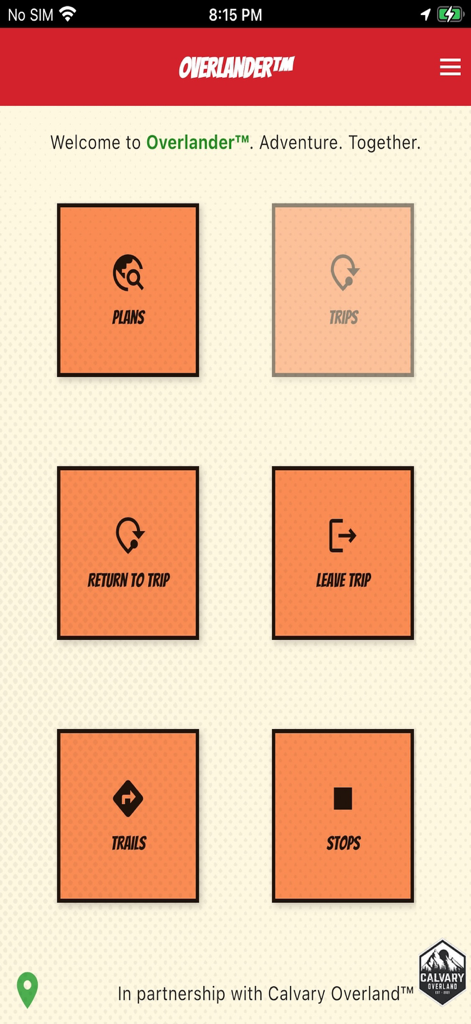 Panel principal de la aplicación Overlander que muestra botones de menú para planificar viajes y explorar rutas