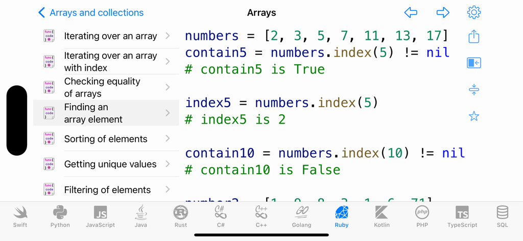 Code Recipes app interface showing a Ruby code snippet for finding an element in an array