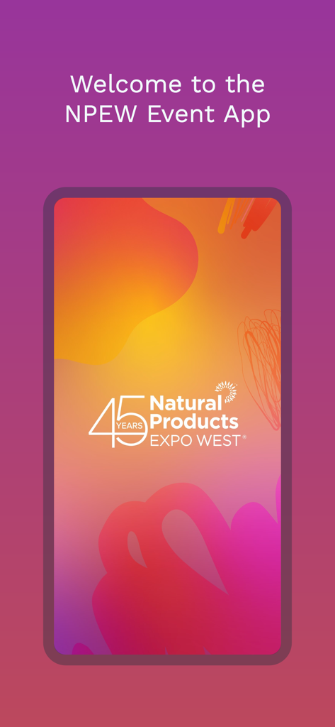 Expo West Event App - Splash screen for the Expo West Event App featuring the Natural Products Expo West logo and a welcome message.