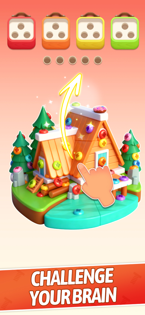 Cube Out 3D :Jam Puzzle - A 3D logic puzzle game showing colorful screws being removed from a small house and sorted into matching color boxes.