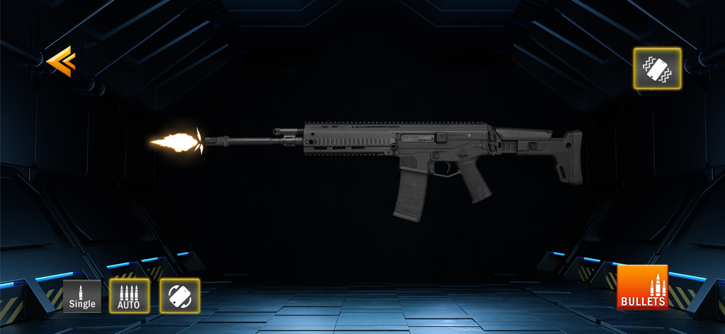 Gun Simulator: Shake to Shoot - Un rifle de asalto realista disparando con un destello de cañón en la interfaz de la aplicación móvil Simulador de Armas