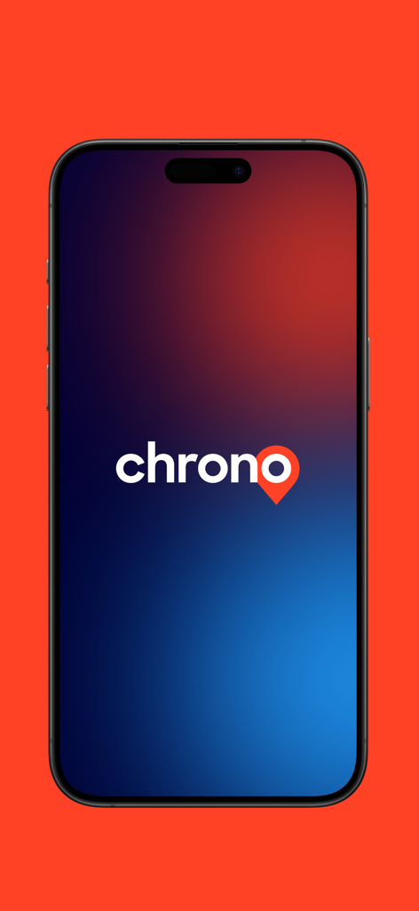 Chrono: Time in Place - Launch screen of the Chrono tax residency tracker app featuring the logo and a map pin icon on an iPhone.